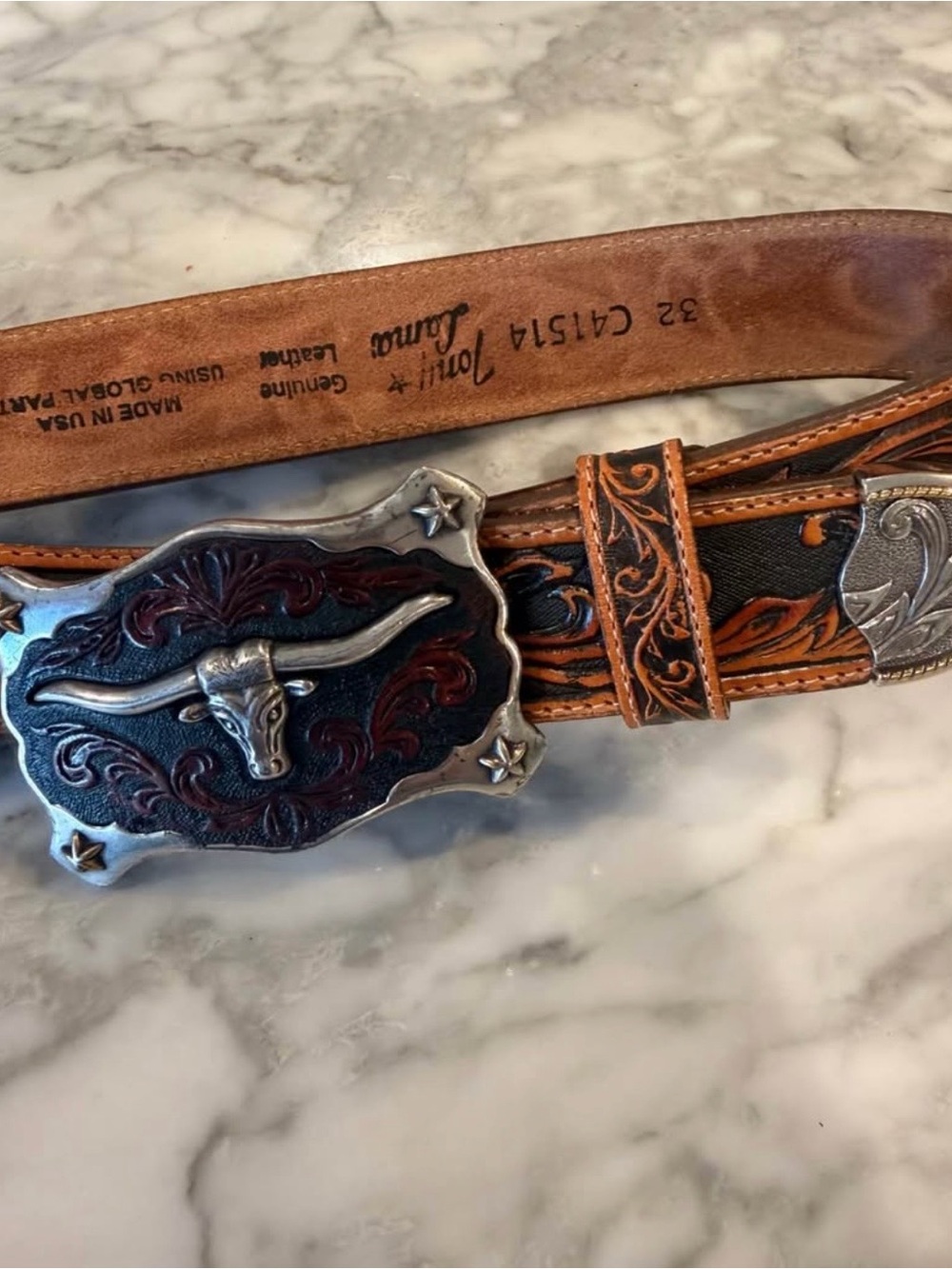 Tony Lama Men's 32 Leather Western Belt JUSTIN BOOTS Longhorn Buckle Cowboy
